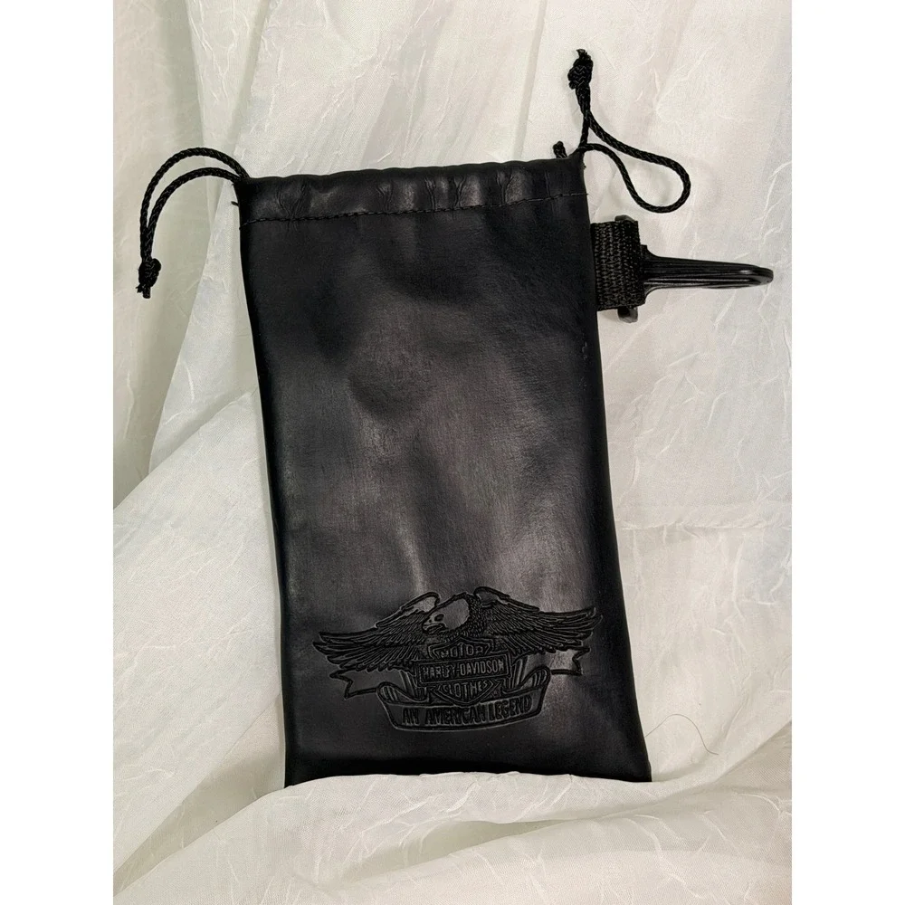 Harley-Davidson Black Leather Drawstring Eyewear Pouch Embossed Eagle Logo Clip